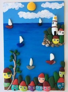 an art piece made to look like the ocean with boats and houses on it,