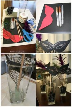 four different pictures with scissors, feathers and other items in vases on the table