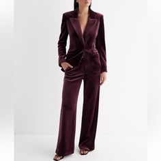 Perfect For The Season, This Velvet Long & Lean Blazer Has Pure Style Written All Over It. Stand Out In The Office Or Your Next Event When You Wear This Waist-Defining Blazer That Pairs Perfectly With Pants For A Full Look. Peak Lapels; One Button Front Long Sleeves With Button Cuffs; Padded Shoulders Welt Hand Pockets Velvet Fabric; Lined Straight Hem; Long & Lean Fit Length: 29"' Color: Wine Polyester/ Spandex Machine Wash Suede Suit, Relaxed Trousers, Full Look, Velvet Blazer, Over It, Colored Blazer, Trouser Pants, Velvet Fabric, Blazer Suit