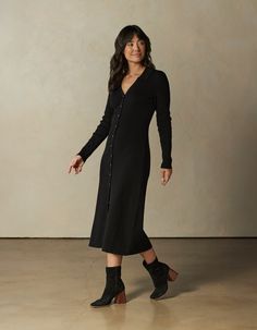 A midweight sweater dress designed in a soft and stretchy 2x2 rib knit. This true-to-size midi-length dress features a full button front, a V-neckline, and a shirt collar for a classic and stylish look. Classic Button-up Midi Dress For Fall, Winter V-neck Midi Dress With Button Closure, Winter Midi Dress With Button Closure, Classic Ribbed Midi Dress For Fall, Casual Button-up Midi Dress For Winter, Fall Midi Dress With Button Closure, Fall V-neck Midi Dress With Button Closure, Fall Midi Dress With Buttons, Solid Button-up Midi Dress For Fall