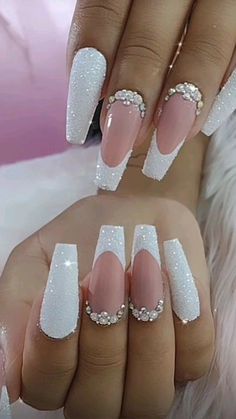 Wedding Nails For Bride White Tip, Medium Length Wedding Nails, Bride Acrylic Nails, Luxury Nails Design Rhinestones, Matte And Glitter Nails, Fancy Wedding Nails, Nail Gem Designs Simple Rhinestones, Awesome Nails, Nails Design With Rhinestones