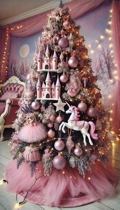 a pink christmas tree decorated with princess decorations