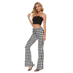 Flare Pants, Houndstooth Pants, Black Houndstooth Pants, Women's Pants,  60s style pants, Retro Flare Pants, 60s pants, Bell Bottom Pants Custom made and hand sewn to order.  **Size up since these runs small. A classic houndstooth flare pants I designed. Wide waist band. Hip Flare bottom pants style. Fun for everyday wear. Perfect with platform heels, ankle boots, anything goes. Super retro! :)  ● Fabric:Micro Fiber(95% Polyester and 5% Spandex) ● Slim fit ● Elastic waistband,flare out at the he Fitted Trousers With Houndstooth Pattern, Fitted Houndstooth Trousers, Black Wide Leg Bottoms With Houndstooth Pattern, Black Houndstooth Trousers, Chic Stretch Houndstooth Bottoms, Retro Black High-waisted Pants, Trendy Stretch Houndstooth Bottoms, 60s Pants, Houndstooth Pants