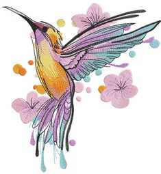 a colorful bird flying through the air with pink flowers in it's back end