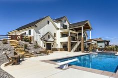 a house with a swimming pool in front of it