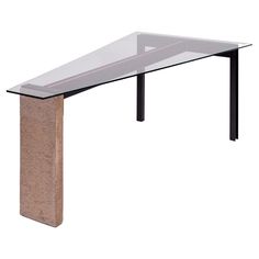 a table with a glass top and metal legs on it's end, against a white background