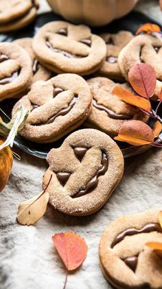 cookies with chocolate frosting and fall leaves on a table next to pumpkins, gourds and other autumn decorations