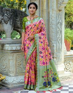 Type: Saree Saree Color: Peach Pink & Olive Green Blouse Color: Olive Green Saree Length: 5.5 Mtr Blouse Length: 0.80 Mtr Fabric: Paithani Silk Work: Zari Weaving Care Instruction: Hand Wash Product Code: 50425 Pink Paithani, Salmon Pink Color, Olive Green Blouse