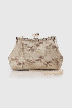 Floral Embroidery Rhinestone Evening Clutch | Champagne | 1 Embroidery Clutch, 20s Party, Elegant Clutch, Roaring 20s Party, Embroidery Decoration, Lock Design, Womens Handbag, Roaring 20s, Ladies Clutch