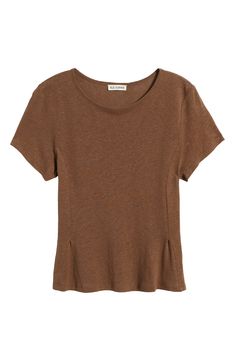 Strategic seaming gives a flared look to this soft and breathable T-shirt knit from linen and cotton. 23" length Crewneck Short sleeves 55% linen, 45% cotton Hand wash, line dry Imported Brown Linen Relaxed Fit Tops, Brown Relaxed Fit Linen Top, Brown Tops For Casual Summer Gatherings, Linen Crew Neck Top For Layering, Crew Neck Linen Tops For Layering, Casual Linen T-shirt For Layering, Casual Linen Tops For Gatherings, Linen Crew Neck T-shirt For Casual Gatherings, Short Sleeve Linen T-shirt For Casual Gatherings