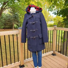 "Wool Duffle Coat Pea Coat Hooded Winter Coat Unisex Small Navy Blue with Plaid Lining in Excellent Condition by Abercrombie and Fitch Label: Abercrombie & Fitch, New York Tag Size:  Women's Small Features: Wool Duffle Coat Classic Navy Blue with Red Plaid Lining and a Hood Designer Toggle Button-up Front 2 Functional Square Pockets with Flaps Stylish, Warm and Comfortable Excellent Quality and Condition Measurements (Laid Flat): Shoulder to Shoulder Seam:  17\" Underarm to Underarm:  19\" Sleev Navy Duffle Coat Outfit, Navy Outerwear For Cold Weather In Fall, Navy Hooded Jacket With Drawstring For Winter, Navy Winter Hooded Jacket With Double-lined Hood, Navy Winter Hooded Jacket With Detachable Hood, Blue Fall Hooded Jacket With Detachable Hood, Navy Winter Outerwear With Detachable Hood, Navy Hooded Jacket With Detachable Hood For Winter, Blue Hooded Jacket With Detachable Hood For Fall