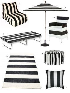 black and white striped furniture with an umbrella