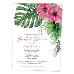 the tropical bridal shower is shown with pink flowers and green leaves