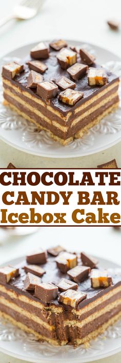 chocolate candy bar icebox cake on a white plate