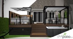 a house with a hot tub in front of it and an awning over the porch