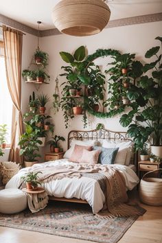 a bedroom with potted plants on the wall and a bed in the middle,