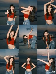 several pictures of a woman posing on the beach