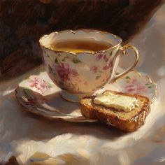 an oil painting of a cup and saucer on a plate with a piece of bread