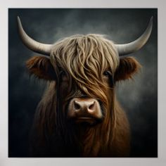 a painting of a bull with large horns on it's face and long hair