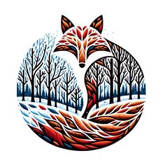 a fox in the woods with trees and snow on it's face, painted by hand