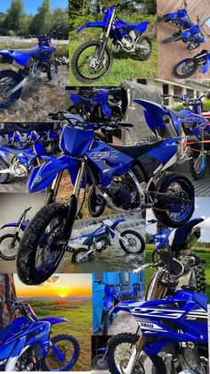 a collage of blue motorcycles and dirt bikes