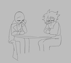 two cartoon characters sitting at a table