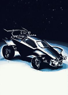 a black and white drawing of a batmobile in the snow with stars above it