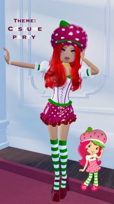 a girl with red hair is standing next to a doll