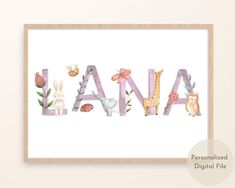 the word lana is made up of letters with animals and flowers on them, in pastel colors