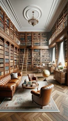 a living room with lots of bookshelves and leather couches in the center