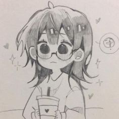 a drawing of a girl with glasses holding a drink in her hand and looking at the camera