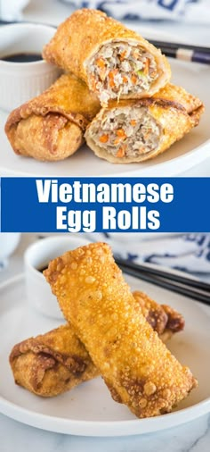 vietnamese egg rolls on a white plate with chopsticks