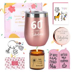 a pink candle and some greeting cards and magnets on a white background with the words 60 and fabulous