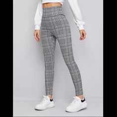 95% Polyester, 5% Spandex White Stretch Leggings For Work, Stretch White Leggings For Workwear, Casual Stretch Houndstooth Bottoms, Casual Stretch Houndstooth Pants, Trendy Stretch Houndstooth Bottoms, Leopard Tights, Patent Leather Leggings, Cut Out Leggings, Fabletics Leggings