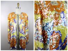 "Such an elegant piece by Oleg Cassini Black Tie! Heavily embellished with iridescent pastel sequins and accented with glass beading. It's in excellent condition! Measurements: Bust - 44\" + Shoulders - 18\" Sleeves - 25\" Total Length - 31\" Tag Size - Large ❖ This item comes from a pet-free and smoke-free home. ❖ If you would like more info or have any questions, please don't hesitate to ask!" Spring Formal Sequined Outerwear, Spring Formal Outerwear With Sequins, Spring Party Embellished Outerwear, Summer Party Outerwear With Sequins, Glamorous Spring Wedding Outerwear, Summer Party Sequined Outerwear, Spring Party Embroidered Outerwear, Embellished Multicolor Outerwear For Spring, Multicolor Embellished Outerwear For Spring