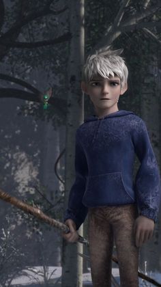 a young boy with white hair holding a stick in front of a forest filled with trees