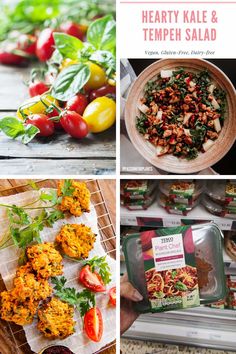 various pictures of food including tomatoes, carrots and kale with text overlay that reads hearty kale & tempeh salad