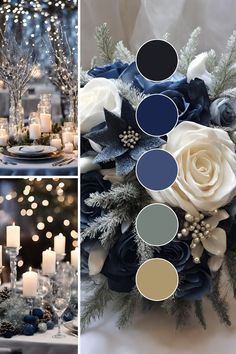 blue and white wedding decor with candles