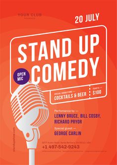 the stand up comedy poster for an upcoming show, featuring microphones and a sign that says