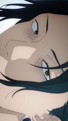 an anime character with long black hair and blue eyes is staring at something in the distance