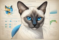 a cat with blue eyes is shown in front of an info board, and features information about cats