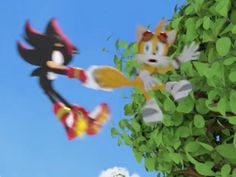 two cartoon characters are flying in the sky above some bushes and trees with leaves on them