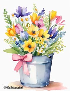 a watercolor painting of flowers in a bucket