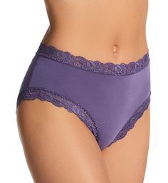 This soft, lovely boyshort features lavish stretch lace along the waist and leg openings and a cotton crotch lining. Incomparably soft knit is breathable even on warm days. Knit is highly rated for anti-pilling and anti-shrinkage. Sewn-on elastic at waist provides a comfortable fit. Stretch lace with subtly scalloped edges trims the waist and leg openings. Mid-rise. Moderate rear coverage. Smooth, seamless rear. Matching sewn-in cotton crotch. Made of eco-friendly Lenzing MicroModal. Fleur't Women's Iconic Lace High Waist Boyshort Panty in Purple (305) | Size Small | HerRoom.com Purple Lace Trim Brief Bottoms, Purple Brief Bottoms With Lace Trim, Stretch Lace Trim Shorts For Daywear, Seamless Purple Cotton Bottoms, Purple Lace Bottoms With Lace Trim, Purple Lace Stretch Bottoms, Cotton Lace Trim Brief Bottoms, Scalloped Edges, Stretch Lace