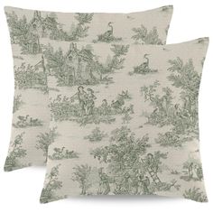 two pillows with green and white toiler print on the front, one has a bird