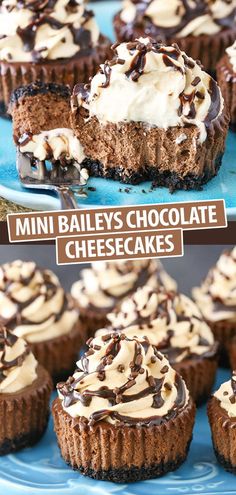 mini bailey's chocolate cheesecakes on a blue plate with the title above it