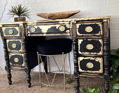 The one piece that gets all the attention! Pick a room... Any room! This beauty will double as a desk or a vanity or simply a whimsical  flair. Looking in the mirror was never such fun as when Doing it over a gorgeous piece of inspired vintage furniture. Done in soft black with gold leafing and hand rubbed wax finish. Measuring 4' x 30" tall by 17 1/2 in depth. This is an antique vintage piece of history. As With vintage pieces there is always some wear and tear to be expected, In this case addi Glam Desk, Glam Dresser, Shabby Chic Desk, Looking In The Mirror, Revamp Furniture, Gold Dresser, Gold Leafing, Unique Furniture Pieces, Chest Dresser