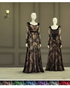 two mannequins dressed in black and gold gowns, one with long sleeves