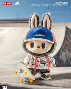 a stuffed animal wearing a hat and holding a skateboard in front of a ramp