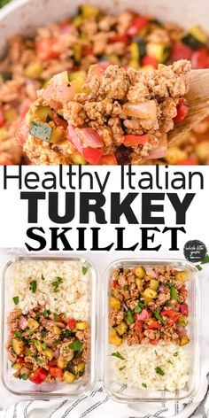 healthy italian turkey skillet with rice, vegetables and meat in the casserole